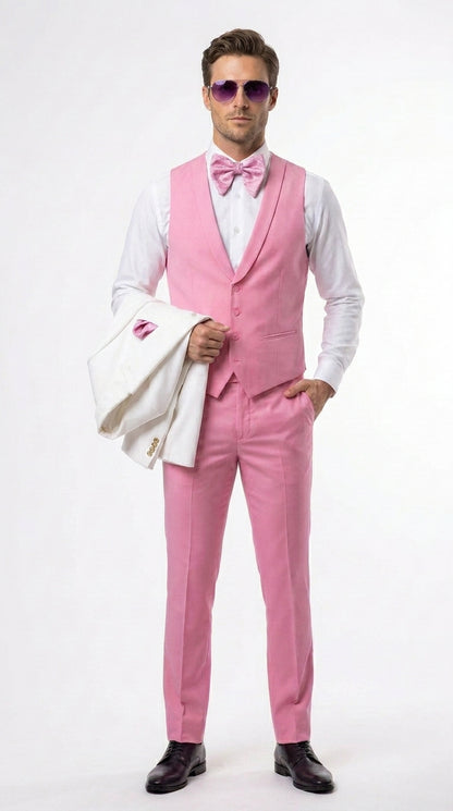 Men’s White and Light Pink Tuxedo Wedding Suit with Dinner Jacket, Vest, Pants and Bow Tie