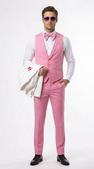 Men’s White and Light Pink Tuxedo Wedding Suit with Dinner Jacket, Vest, Pants and Bow Tie