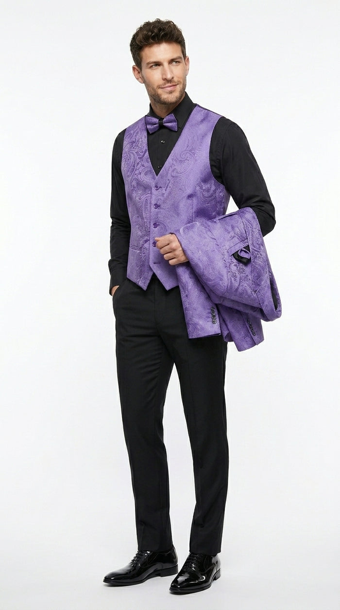Men’s Purple Paisley Prom Tuxedo Suit, Wedding Floral Jacket with Matching Vest and Pants