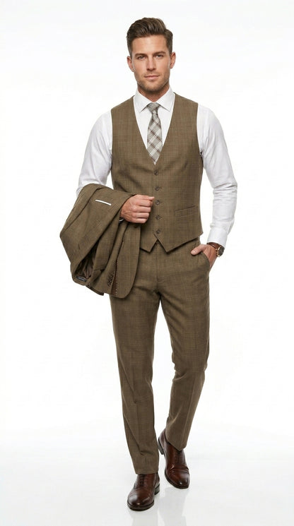 Men’s Taupe Tan Coffee Windowpane Plaid 3 Piece Suit, Two Button Vested Wedding Business Suit Set