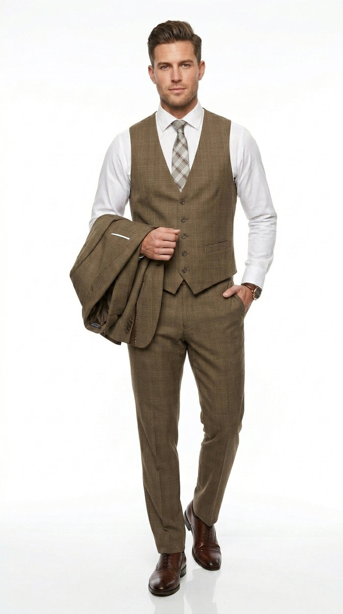 Men’s Taupe Tan Coffee Windowpane Plaid 3 Piece Suit, Two Button Vested Wedding Business Suit Set