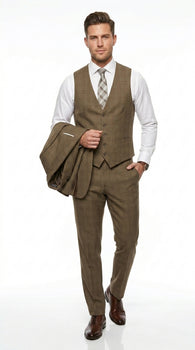 Men’s Taupe Tan Coffee Windowpane Plaid 3 Piece Suit, Two Button Vested Wedding Business Suit Set