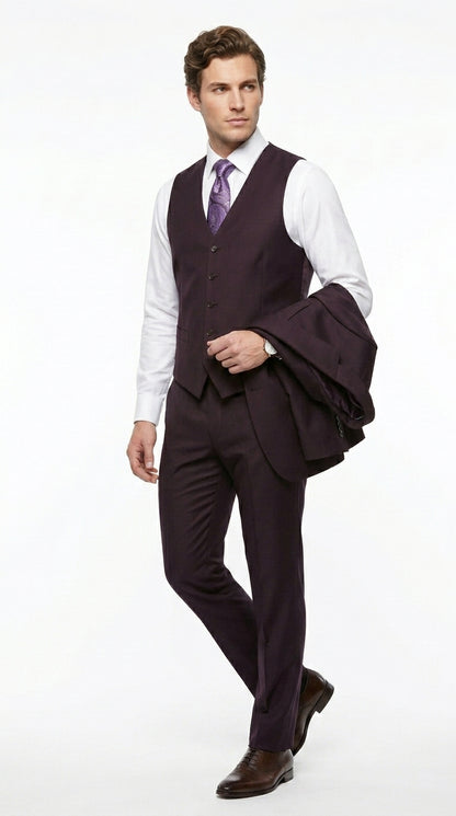 Men’s Very Dark Purple Plum Eggplant 3 Piece Suit, Classic Vested 2 Button Wedding Business Suit Set