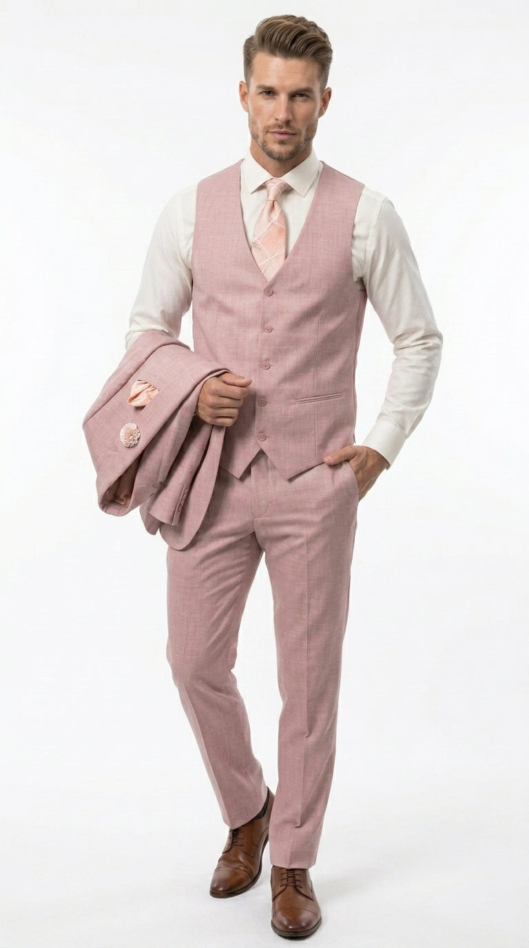 Men’s Mauve Rose Gold Light Pink 3 Piece Wedding Suit, Formal Vested Groom Prom Suit Set