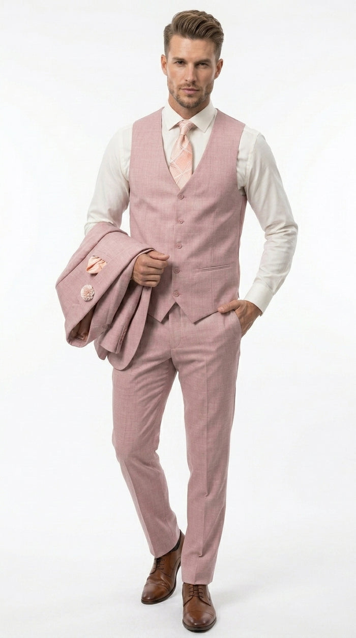 Men’s Mauve Rose Gold Light Pink 3 Piece Wedding Suit, Formal Vested Groom Prom Suit Set