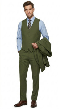 Men’s Olive Vested Suit, Classic Fit 3 Piece Flat Front Formal Wedding Business Suit Set