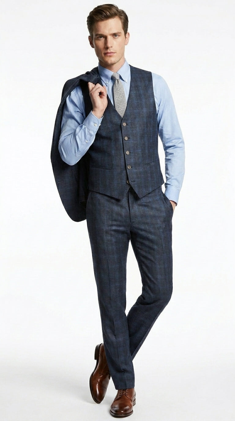 Men’s Charcoal Grey and Blue Plaid 3 Piece Vested Suit, Formal Wedding Business Dress Suit Set