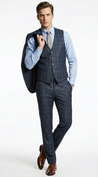 Men’s Charcoal Grey and Blue Plaid 3 Piece Vested Suit, Formal Wedding Business Dress Suit Set