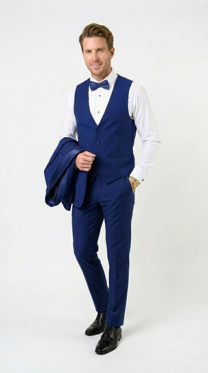 Men’s Bright Sapphire Blue 1 Button Shawl Lapel Vested Tuxedo, Formal Wedding Prom Dinner Suit Set