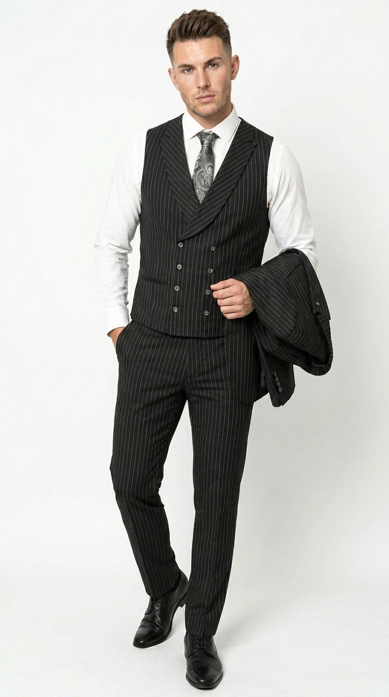 Mens Italian Wool Suit Color Black - Men's Designer Wool Pleated Pant Vested Black Gangster Pinstripe Suit