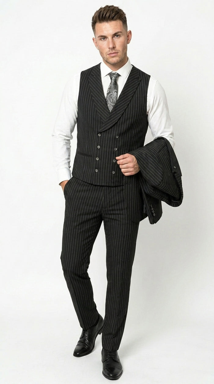 Mens Italian Wool Suit Color Black - Men's Designer Wool Pleated Pant Vested Black Gangster Pinstripe Suit