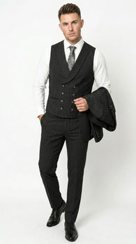 Mens Italian Wool Suit Color Black - Men's Designer Wool Pleated Pant Vested Black Gangster Pinstripe Suit