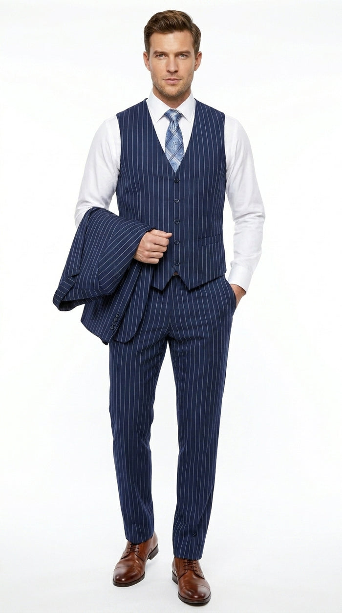 Men’s Teal Indigo Bright Blue Cobalt Pinstripe 3 Piece Suit, Formal Wedding Business Dress Suit Modern Fit