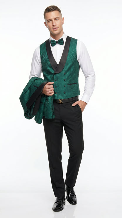 Men’s Hunter Green Textured Pattern  Suit with Black Shawl Lapel, Formal Wedding Prom Suit Modern Fit