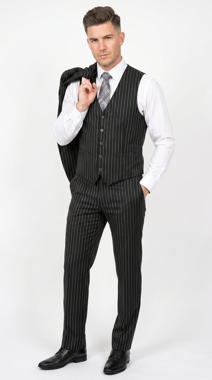 Men’s Jet Liquid Black Suit with White Pinstripes, 2 Button Vested Formal Dress Suit Modern Fit