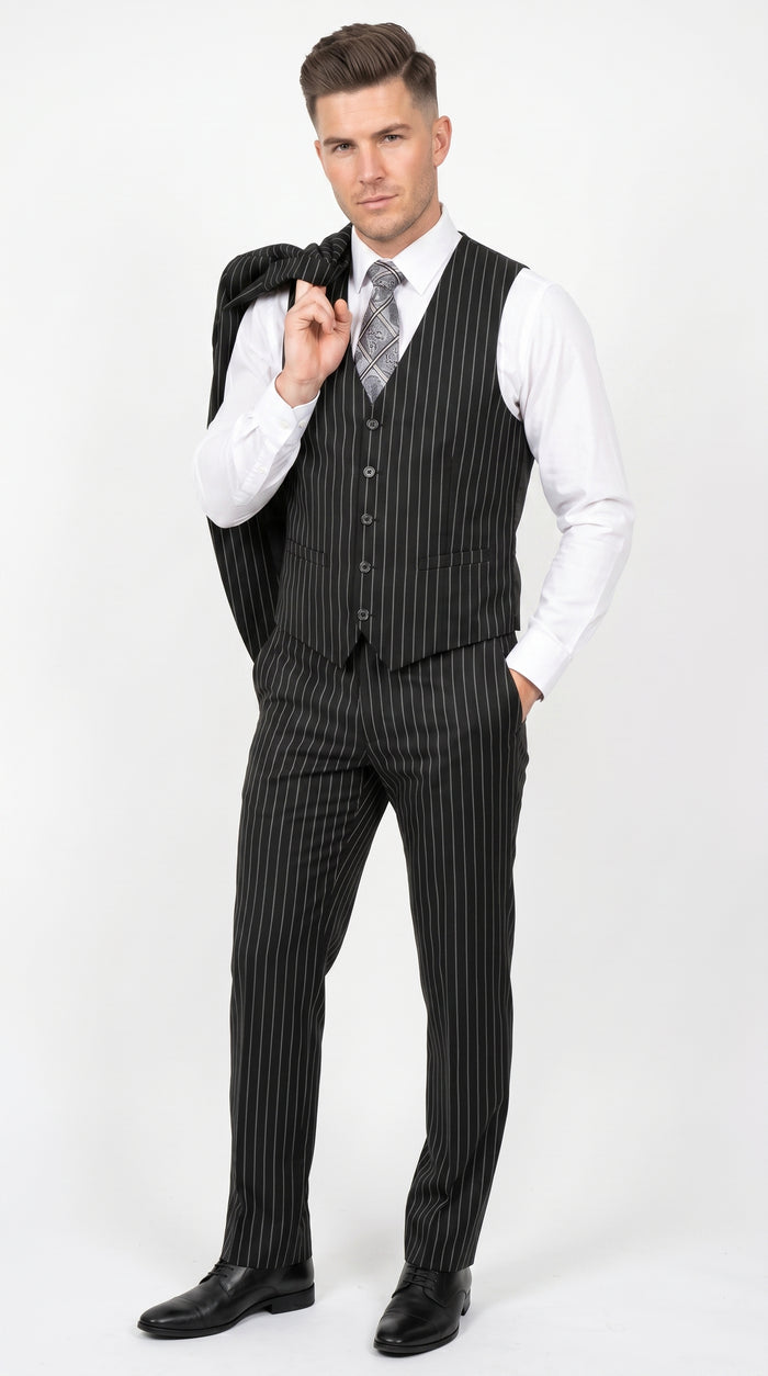 Men’s Jet Liquid Black Suit with White Pinstripes, 2 Button Vested Formal Dress Suit Modern Fit