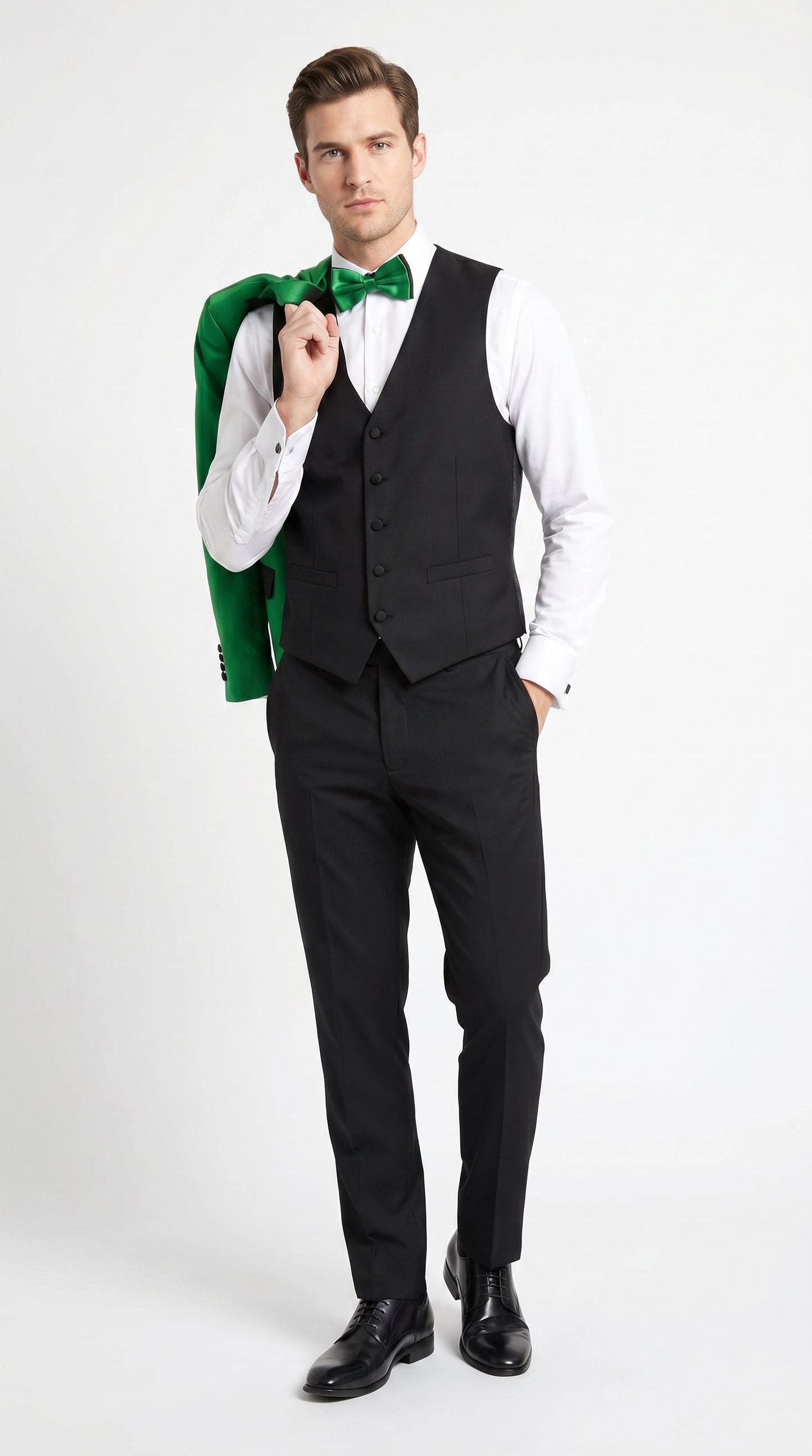 Men’s Emerald Green Tuxedo with Black Shawl Lapel, Black Vest and Pants – Formal 3 Piece Prom Wedding Suit