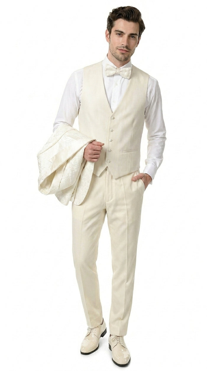 Men’s Champagne Ivory Paisley Dinner Jacket with Bow Tie, Off White Floral Formal Blazer