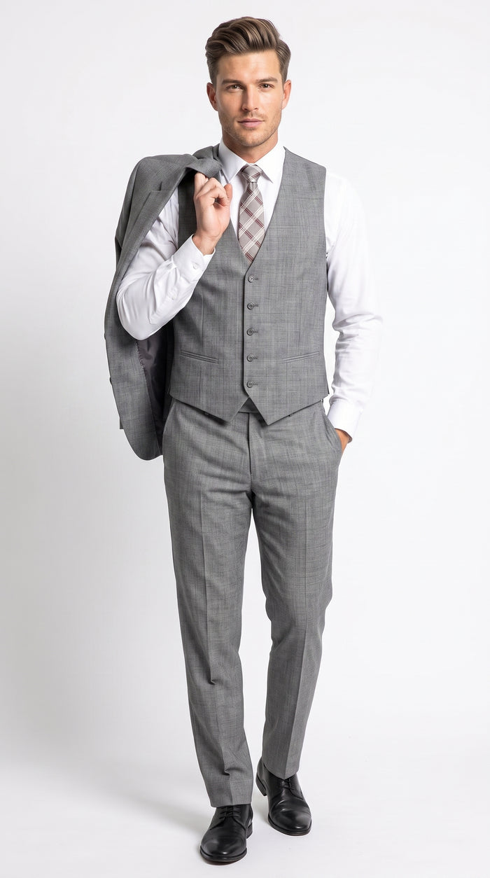 Men’s Charcoal Grey Windowpane Plaid 3 Piece Suit, 2 Button Vested Formal Dress Suit