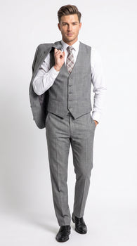 Men’s Charcoal Grey Windowpane Plaid 3 Piece Suit, 2 Button Vested Formal Dress Suit