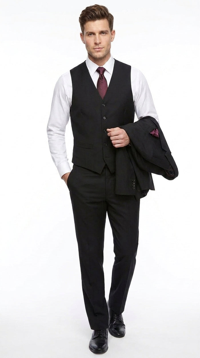 Men’s Black 3 Piece Wool Suit, Super 150’s Italian Fabric Business Wedding Formal Suit