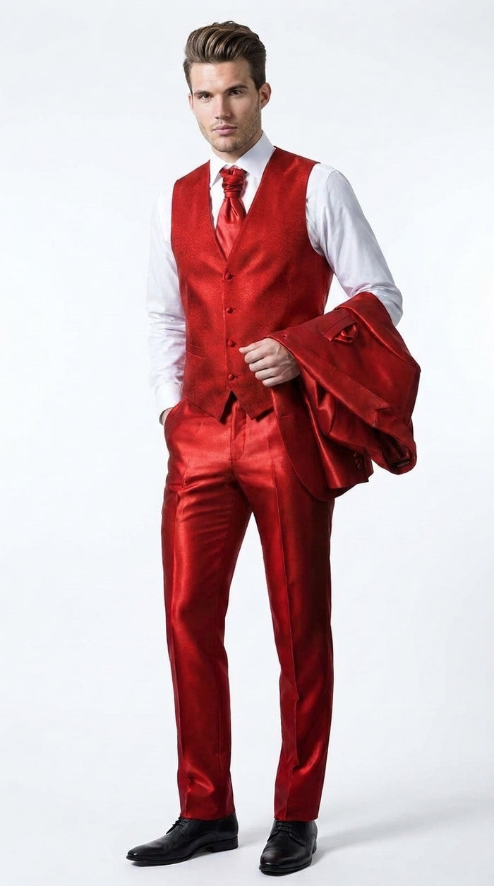 Men’s Red Shiny 3-Piece Suit – Satin Wedding, Prom, Party and Formal Suit with Vest