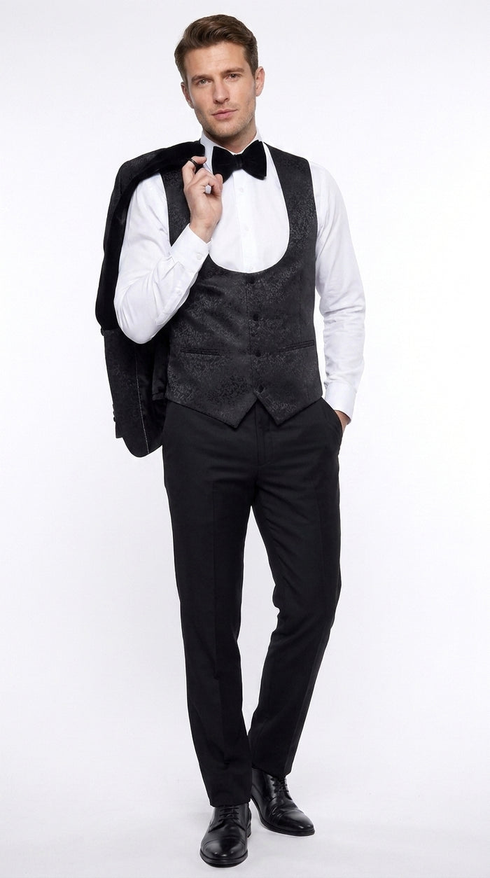 Rossi Man Men’s Black 3-Piece Tuxedo - Floral Jacquard Shawl Lapel Wedding and Prom Suit