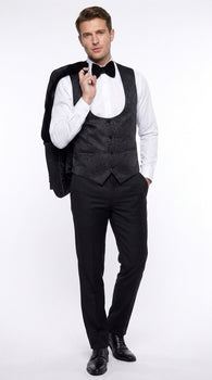 Rossi Man Men’s Black 3-Piece Tuxedo - Floral Jacquard Shawl Lapel Wedding and Prom Suit