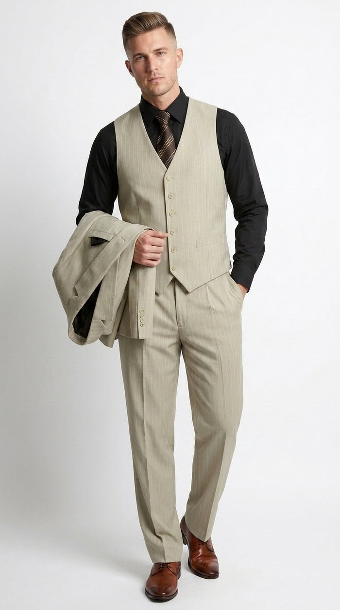 Men’s Tan Beige Pinstripe 3 Piece Vested Suit, 2 Button Formal Wedding Business Dress Suit