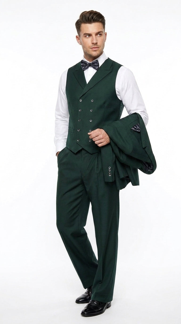 Men’s Hunter Green Big and Tall 3-Piece Wool Suit – Classic Fit Peak Lapel Suit with Double-Breasted Vest and Pleated Pants