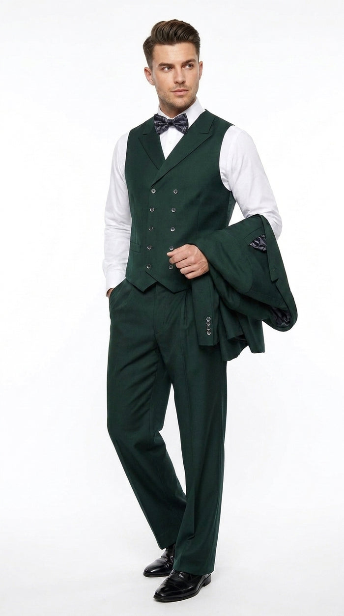 Men’s Hunter Green Big and Tall 3-Piece Wool Suit – Classic Fit Peak Lapel Suit with Double-Breasted Vest and Pleated Pants
