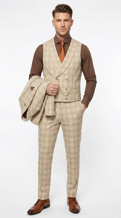 Marc Darcy Men’s Khaki Tan Windowpane Plaid 3-Piece Wedding Suit – Double-Breasted Vest and Matching Pants Modern Fit