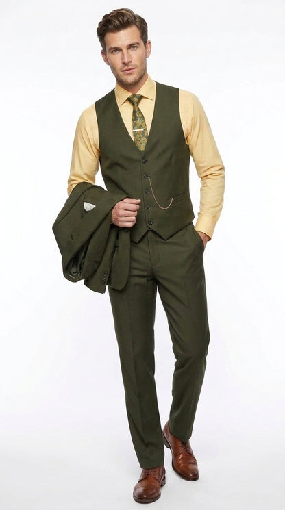 Men's Olive Green 3 Piece Suit – Classic Fit Vested Wedding, Business & Formal Suit with Flat Front Pants