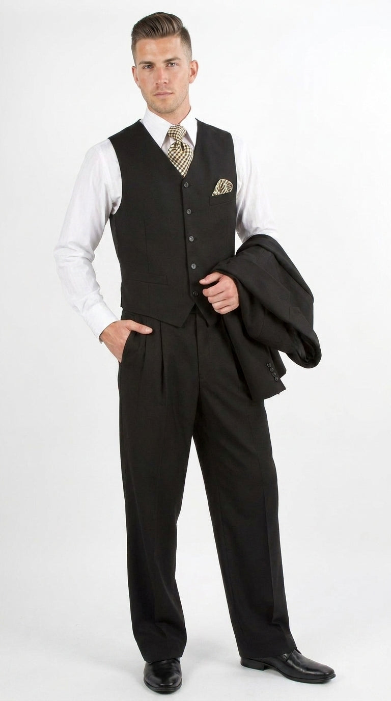 Men’s Black 3-Piece Suit – Classic Fit Three-Button Vested Suit with Single-Pleated Pants