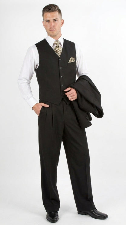 Men’s Black 3-Piece Suit – Classic Fit Three-Button Vested Suit with Single-Pleated Pants