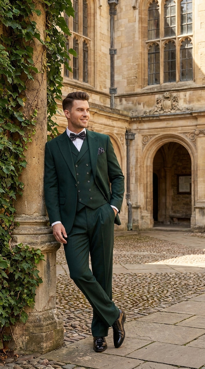 Men’s Hunter Green Big and Tall 3-Piece Wool Suit – Classic Fit Peak Lapel Suit with Double-Breasted Vest and Pleated Pants