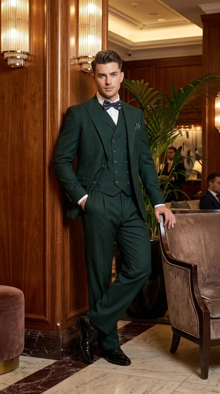 Men’s Hunter Green Big and Tall 3-Piece Wool Suit – Classic Fit Peak Lapel Suit with Double-Breasted Vest and Pleated Pants