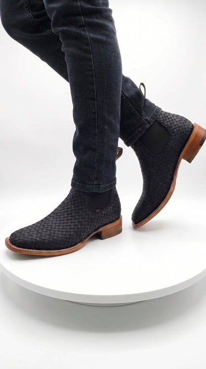 Besserro Men’s Black Petatillo Woven Leather Ankle Boots, Western Chelsea Style Square Toe Botines