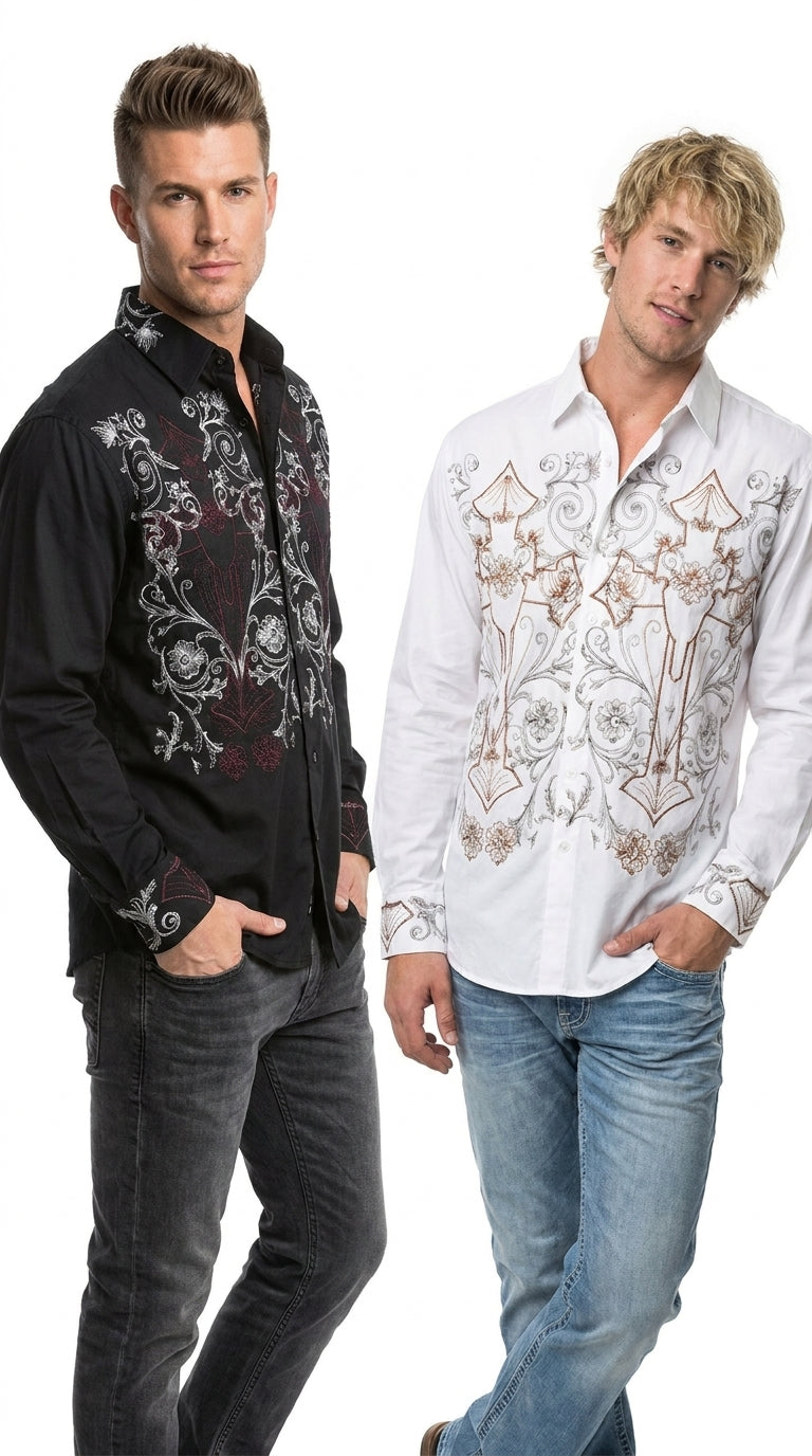 Men’s Multi Color Embroidered Cotton Dress Shirt, Stylish Casual Fashion Button Down Shirt