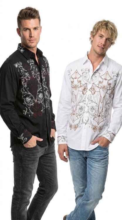 Men’s Multi Color Embroidered Cotton Dress Shirt, Stylish Casual Fashion Button Down Shirt