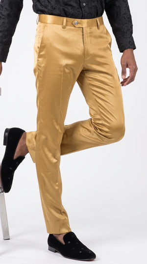 Men’s Gold Sateen Shiny Dress Pants, Formal Slim Fit Party and Prom Pants