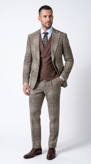 Men’s Brown Houndstooth Plaid Italian Wool Suit, One Button Peak Lapel Modern Fit Suit with Double Breasted Vest