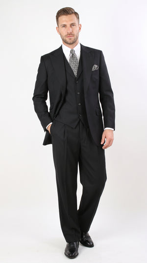 Men's Black 100% Worsted Wool 3-Piece Suit – Classic Fit Vested Business Formal Suit with Pleated Pants