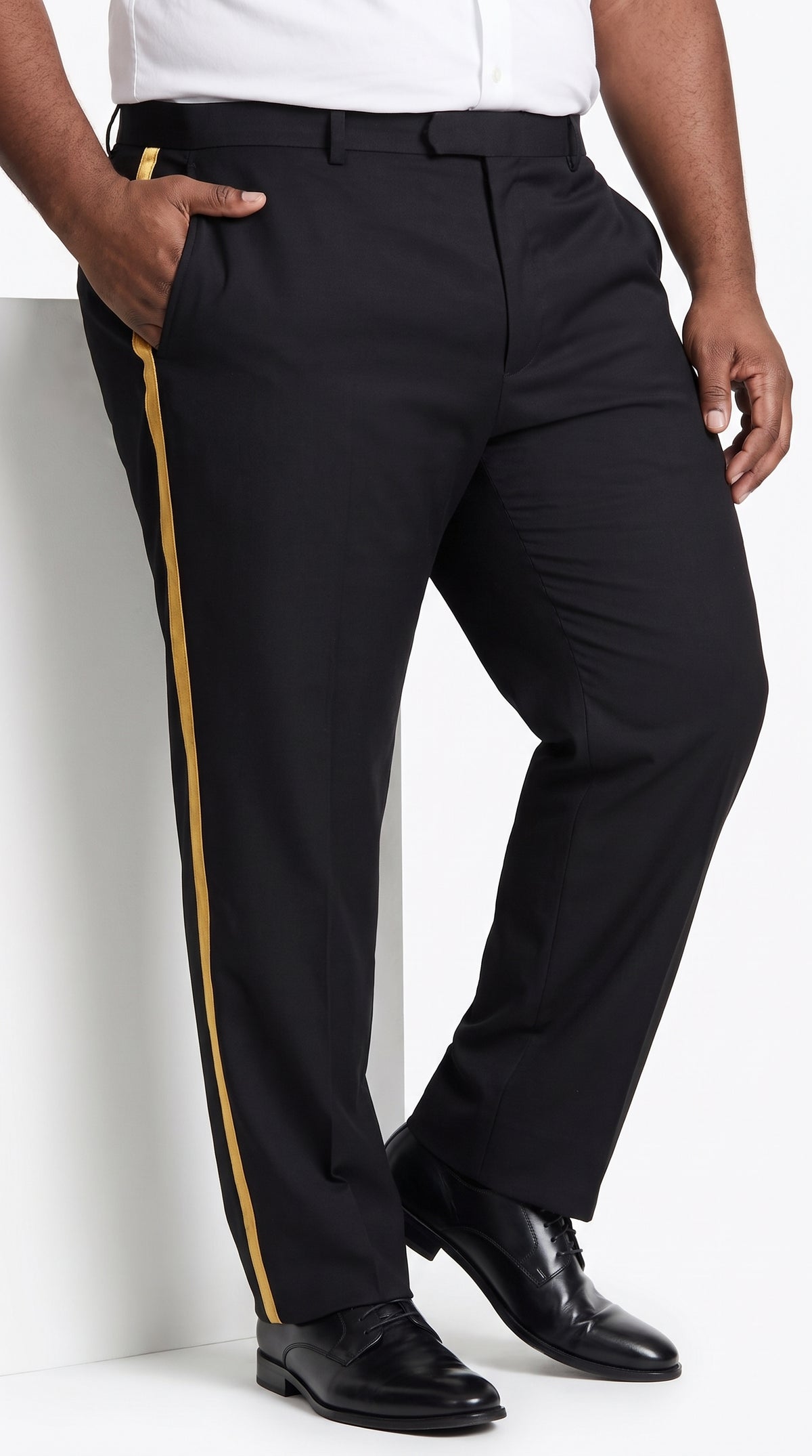 Men’s Black Tuxedo Pants with Gold Side Stripe – Flat Front Formal Dress Pants