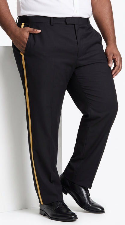 Men’s Black Tuxedo Pants with Gold Side Stripe – Flat Front Formal Dress Pants