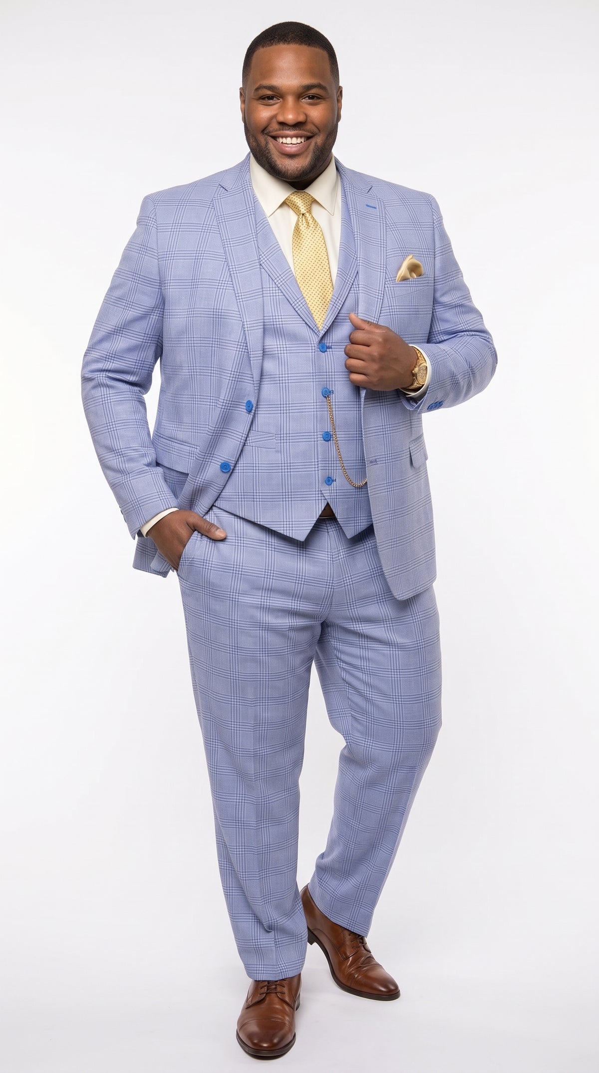 Men’s Sky Blue Glen Plaid 3 Piece Suit SV2W6, Windowpane Checkered Vested Formal Wedding Prom Suit