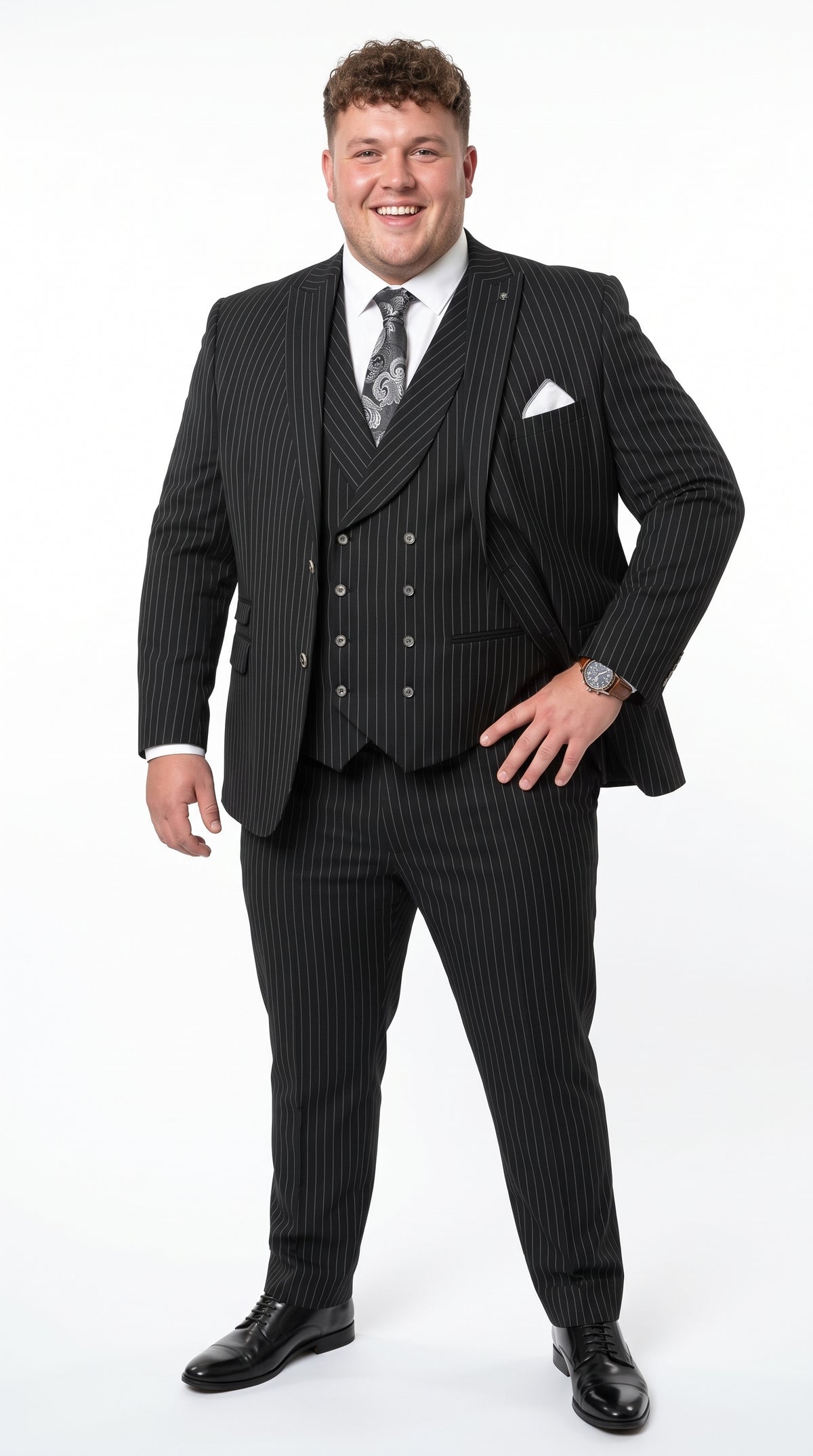 Men’s Black Gangster Pinstripe 3-Piece Suit – 2 Button Jacket with Double-Breasted Vest, Modern Fit