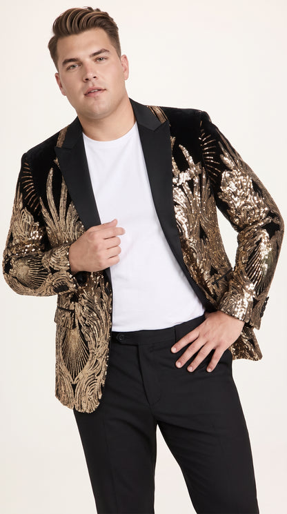Men’s Black & Gold Peacock Sequin Tuxedo Jacket – Luxury Prom, Wedding & Party Blazer with Black Shawl Lapel