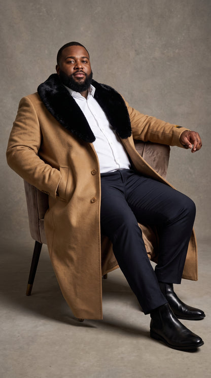 Men’s Camel Wool Full-Length Top Coat with Black Fur Collar – Classic Winter Overcoat