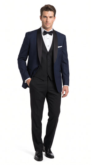 Men’s Big & Tall Navy Blue Tuxedo – Black Satin Shawl Lapel Formal Wedding & Prom Suit